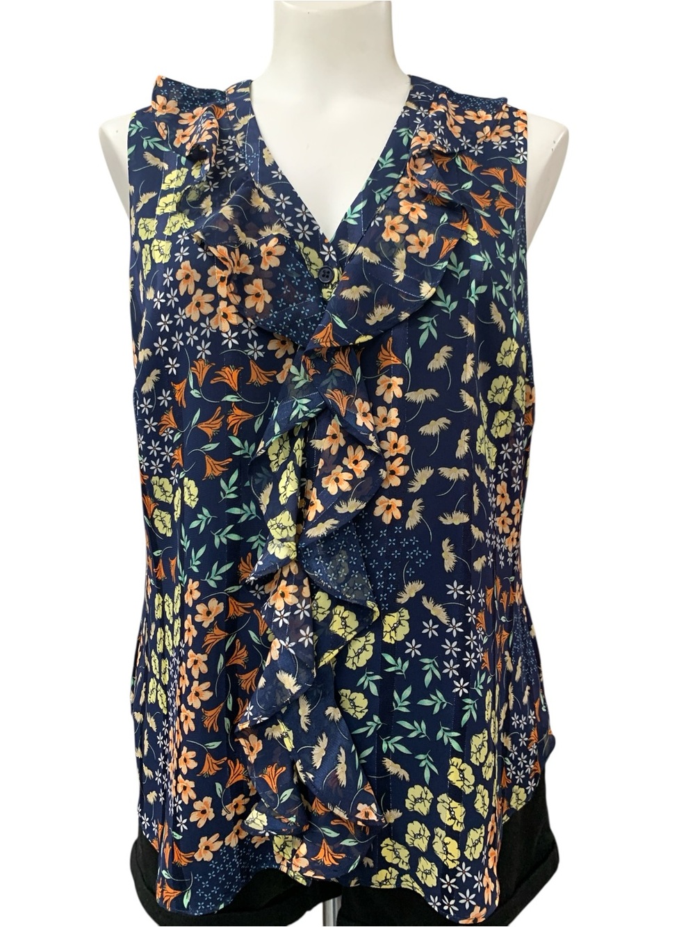 Laura Navy Floral Ruffle V-Neck Camisole Size M